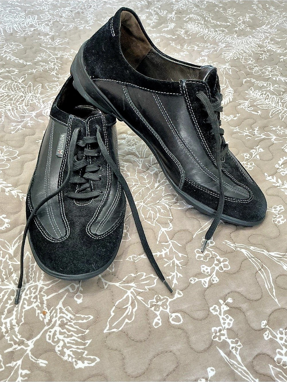 Mephisto Black Lace-Up Leather and Suede Sneakers